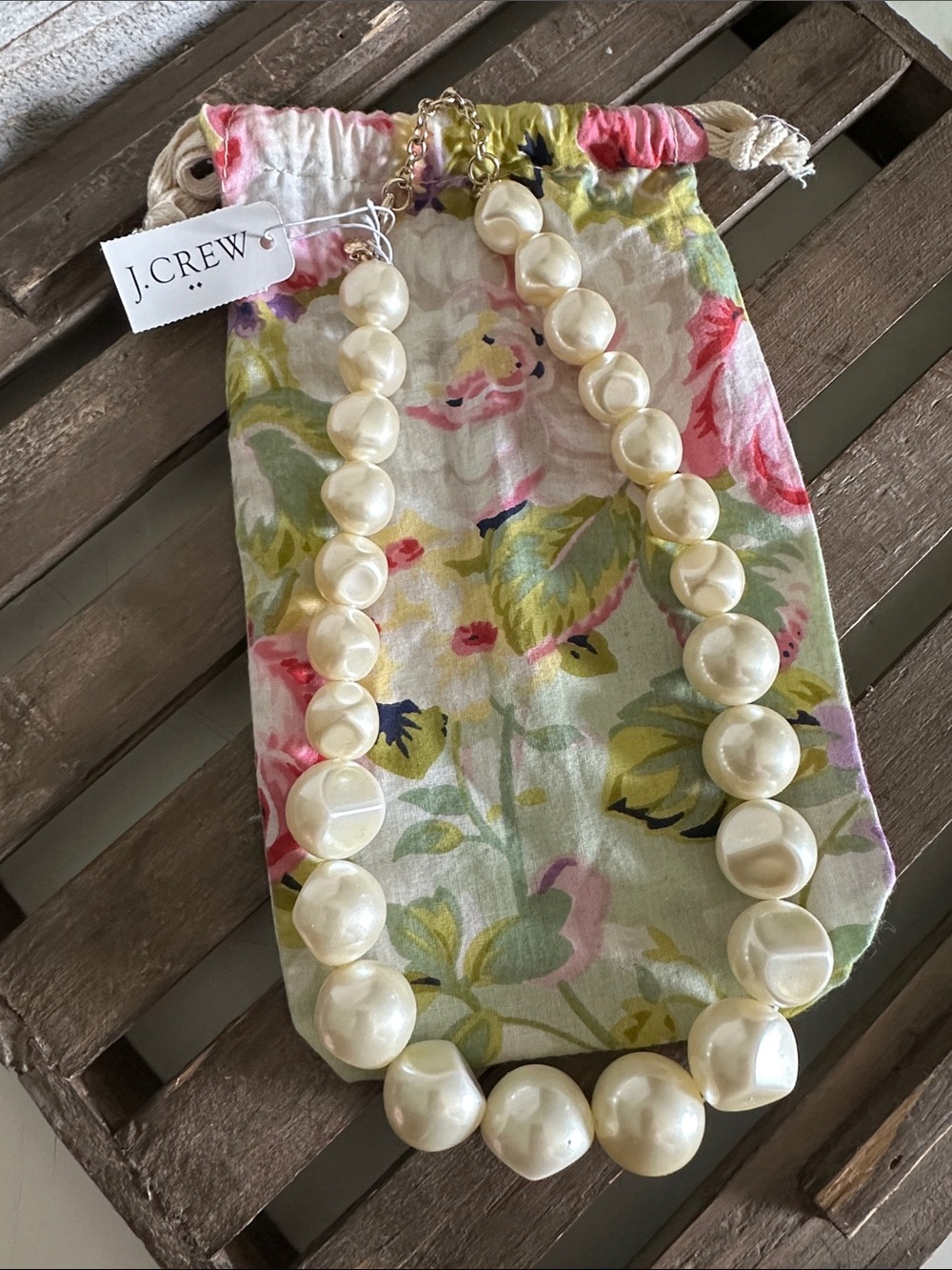 J crew nwt chunky faux asymmetrical pearls beaded cream gold statement necklace